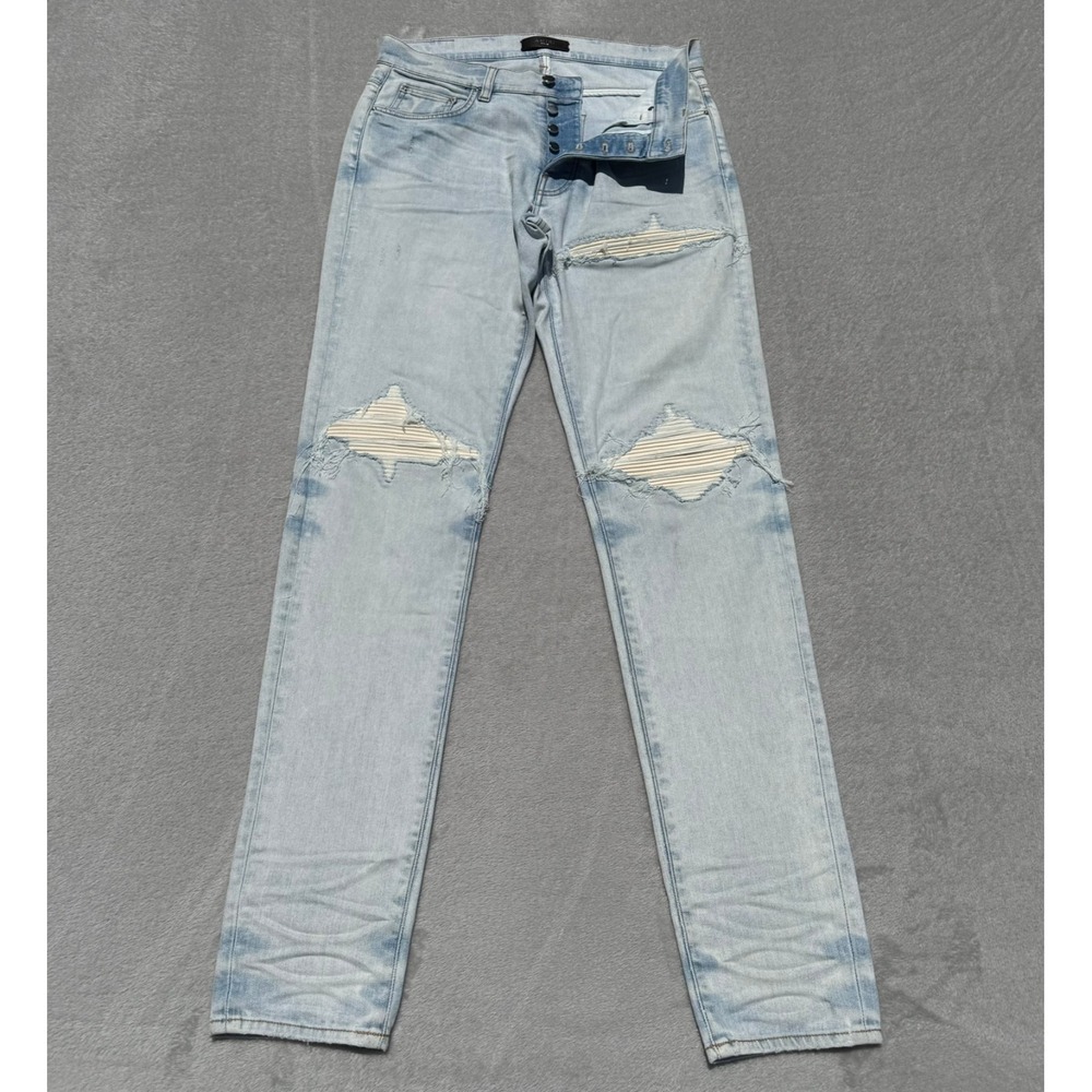 Amiri MX1 Straight Jeans Mens 32x36 Blue Wax Denim Distressed Stretch USA NWOT